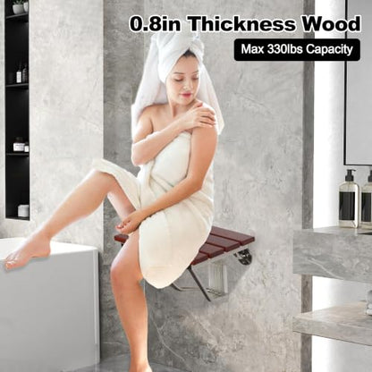 Folding Shower Seat Wall Mounted, Teak Wood, 15'' Foldable Shower Chair | 350lbs Capacity, Folding Shower Bench,Bathroom Stool, For Seniors Adults Disabled, For Indoor Shower Small Spaces