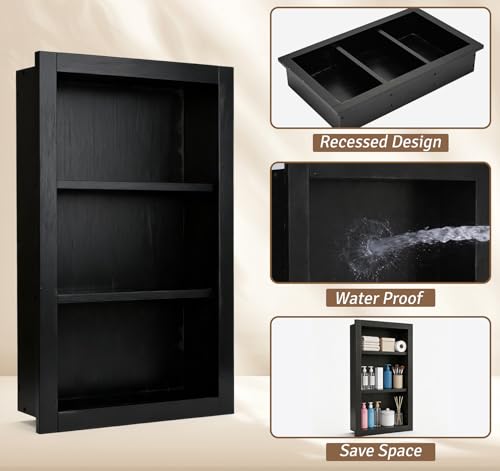 Shower Niche,14''x24'' Wood Recessed Wall Niche Medicine Cabinets 3-Tier | Bathroom Niche Wooden Shower Niche Black Niche Cabinets for Living Room Bathroom Storage - size: 3-Tier