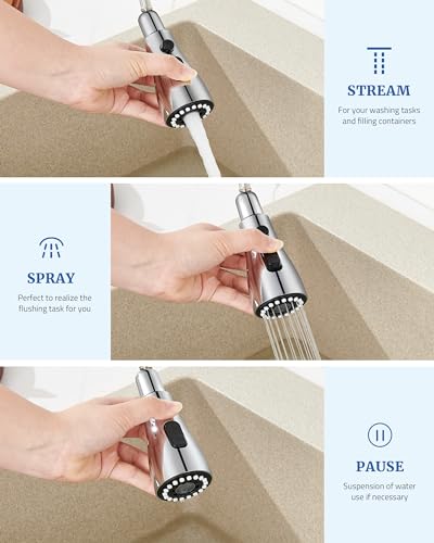 Kitchen Faucet Head Replacement, 15 Adapters, 3-Mode Pull Down Sprayer Head | 3 Functions Stream Spray Pause, Easy 5-Min Install, Pull Out Nozzle, Chrome, Compatible with Moen Delta Hansgrohe - color: Chrome