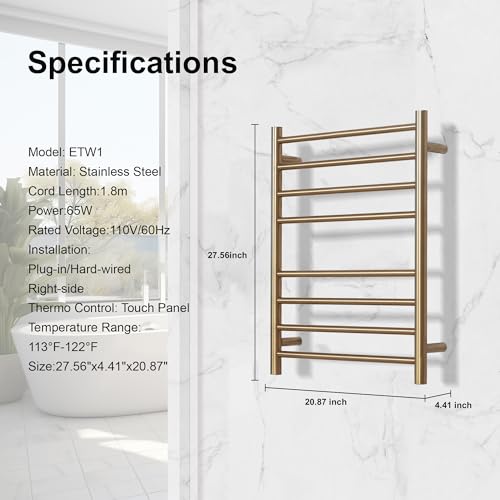 Electric Heated Towel Warmer - Wall Mounted Bathroom Towel Rack, Plug-in Design & Brushed Stainless Steel Finish 8 Bar Gold with Single Press - color: Gold With Single Press, size: 8 Bar