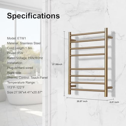 Electric Heated Towel Warmer - Wall Mounted Bathroom Towel Rack, Plug-in Design & Brushed Stainless Steel Finish 8 Bar Gold with Single Press - color: Gold With Single Press, size: 8 Bar
