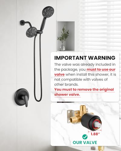 gotonovo Dual Shower Head Kit with Valve 6 Mode Handheld Matte Black | 6 Mode ABS Rain Head 6 Mode ABS Handheld Spray 2 in 1 Bathroom Trim Kit Pressure Balance Valve Shower Head and Handle Set - color: Black