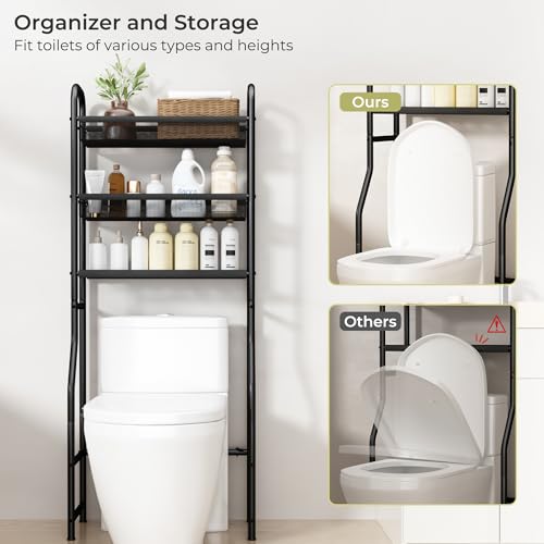 3 Tier Over The Toilet Storage Shelf, Black Bathroom Over The Toilet Storage Rack, Space Saving Above Toilet Storage Shelf with Vinyl Mesh Surface, Bathroom Toilet Shelf Rack Organizer