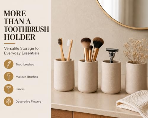 Clasin Home 3 Pcs Bathroom Accessories Set, Liquid Soap Dispenser with Large Pump, Toothbrush Holder Cup and Soap Dish, Sandstone Texture Bathroom Counter Set for Modern Home (Beige) - color: Beige
