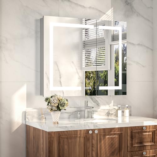 36x30" Wall-Mounted LED Bathroom Medicine Cabinet, Anti-Fog, 3 Color Temp | Surface-Mount/Recessed, Double-Sided Mirror Cabinet with DTC Silent-Close Hinges, Adjustable Tempered Glass Shelf - size: 36W x 30H Inch