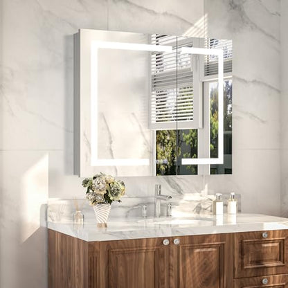 36x30" Wall-Mounted LED Bathroom Medicine Cabinet, Anti-Fog, 3 Color Temp | Surface-Mount/Recessed, Double-Sided Mirror Cabinet with DTC Silent-Close Hinges, Adjustable Tempered Glass Shelf - size: 36W x 30H Inch