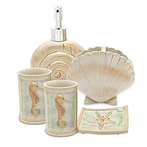 Bathroom Accessories Set, 5 PCS Bath Ensemble Set Includes Soap Dispenser, Soap Dish, Tumbler, Toothbrush Holder - Polyresin Glass for Home, Office, Superior Hotel - color: Beige
