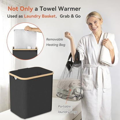 Towel Warmer & Laundry Hamper 2-in-1, Black Foldable Towel Warmer for Bathroom with Removable Heating Bag, 20/40/60Mins Timer, Auto Shut-Off, 38L Fits 2 to 3 Large Towels PJs Blankets