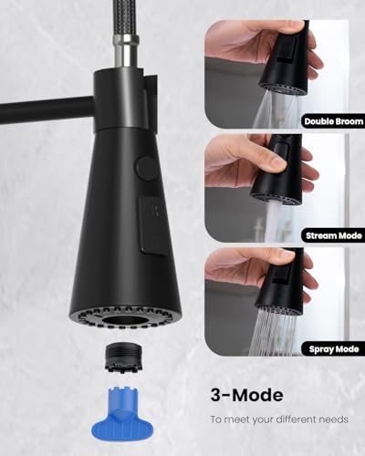 Matte Black Wall Mount Kitchen Sink Faucet 2 Handles, 8 Inch Center Wall Commercial Utility Sink Faucet with Pull Out Sprayer 3 Modes, Stainless Steel - color: 2-Handle-Black, style: Wall Mount