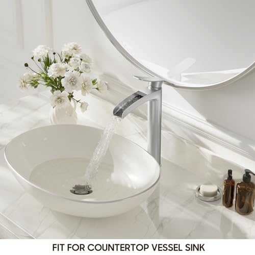 Phiestina Brushed Nickel Tall Bathroom Vessel Sink Faucet, Single Hole Single Handle Waterfall Modern Above Countertop Sink Bathroom Faucet, with Pop Up Drain and Water Supply Line, NS-SF01-BN-V - color: Brushed Nickel, style: 1 pack