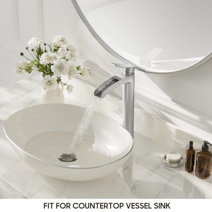 Phiestina Brushed Nickel Tall Bathroom Vessel Sink Faucet, Single Hole Single Handle Waterfall Modern Above Countertop Sink Bathroom Faucet, with Pop Up Drain and Water Supply Line, NS-SF01-BN-V - color: Brushed Nickel, style: 1 pack