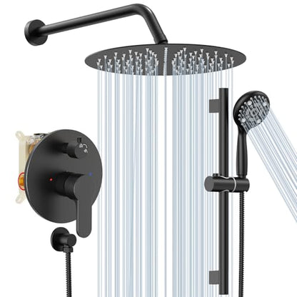 SR SUN RISE 12" Shower Faucet Set with Shower Slide Bar,Matte Black | High Pressure Shower Head,6-Spray Setting,16"Adjustable Shower Slide Bar,Soild Brass,Wall Mount,Included Valve and Trim Kit - color: Matte Black