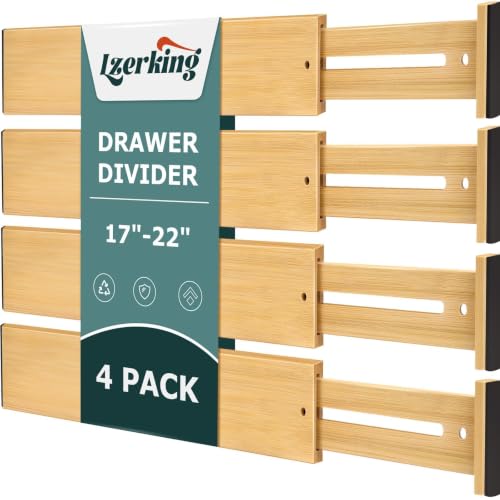 Kitchen Drawer Dividers 4 Pack Adjustable Bamboo Drawer Organizer | 17-22" Adjustable, Spring Loaded, Expandable Utensil Organizer, Works in Kitchen, Dresser, Bathroom, Bedroom, Closet