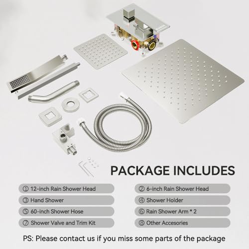STARBATH Shower Faucet Set Shower System with Diverter Valve Brushed Nickel | 12 Inch Rain Shower Head, 6 Inch Wall Mount Shower Head and Handheld Spray for Two Person, Luxury Shower Sets Complete - color: Brushed Nickel, size: 12"+6"-01