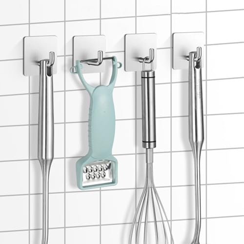 Heavy Duty Adhesive Towel Hooks – 304 Stainless Steel Waterproof Wall Hooks, No Drill, Rustproof Stick-On Hangers for Bathroom & Kitchen – 4 Pack