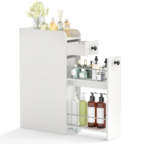 Giantex Slim Bathroom Storage Cabinet, Space-saving Toilet Side Cabinet with Slide-out Drawers on 3 Wheels, Freestanding Narrow Toilet Paper Holder for Living Room, Laundry Room, Compact Space (White) - color: White