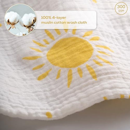 Muslin Baby Washcloths for Newborns, Pack of 8, 11"x11", Super Soft Cotton, Absorbent and Gentle, Baby Cotton Wipes, Baby wash Cloths - color: Yellow and Sun