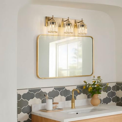 Modern Crystal Bathroom Vanity Lights, Gold 3-Lights Bathroom Light Fixtures Over Mirror, Crystal Wall Lighting with Polished Brass Finish - color: Gold-Round Shade, size: 3-Light