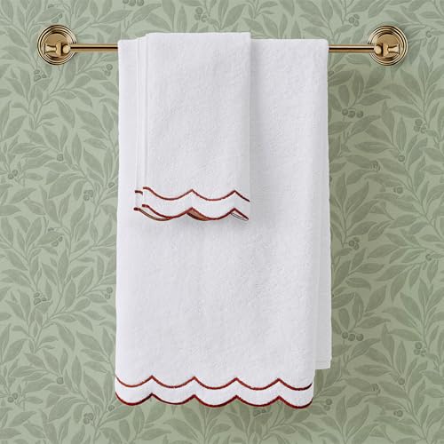 Peri Home 2 Piece Cotton Bath Towel Set, Embroidered, White, Red Scallop - color: White With Chili Red Scallop, size: 2 Bath Towel