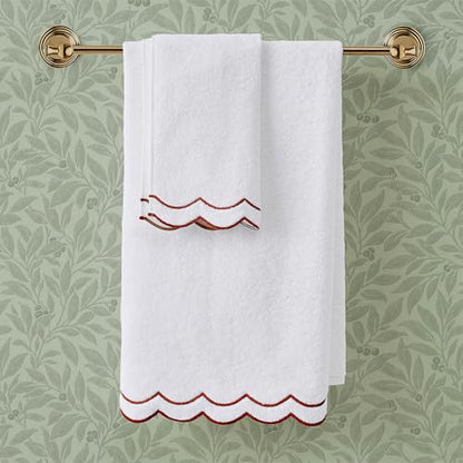 Peri Home 2 Piece Cotton Bath Towel Set, Embroidered, White, Red Scallop - color: White With Chili Red Scallop, size: 2 Bath Towel