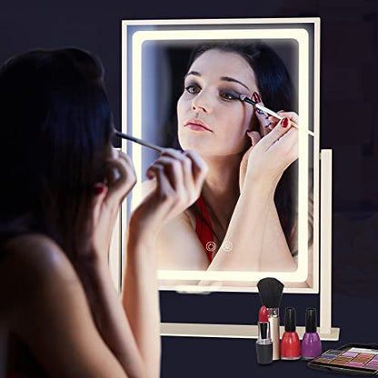 Vanity Mirror with Lights - 13.78"× 10.23" Adjustable Lighted Makeup Mirror for Desk, Detachable 10X Magnification Mirror, Touch Sensor, Desk Mirror for Bedroom & Dressing Room (White)