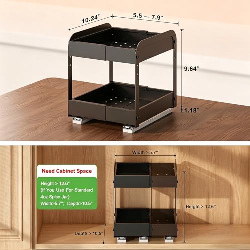 Across-Star Expandable Pull Out Spice Rack For Cabinet, 2-Tier No Drill Slide Out Drawers For Kitchen Cabinet with Adjustable Height, Metal Pullout Spice Holder Seasoning Shelf Inside Cabinet - size: 5.5''-7.9''W*10.24''D*10.82''H