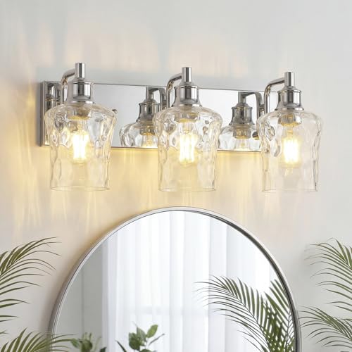 Farmhouse Chrome Vanity Light, 3 Light | Bathroom Lighting Fixtures, Over Mirror, Hammered Glass Lampshade, For Cabinet Mirror Bedroom Hallway - color: Chrome, size: 3 Lights