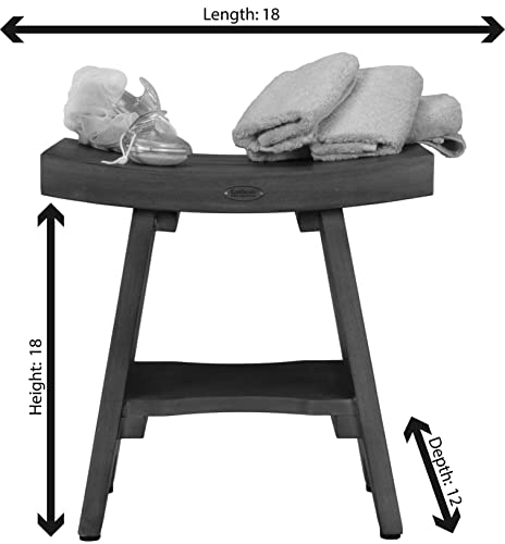 CoastalVogue 18 Inch Waterproof Teak Wood Shower Bench Stool Seat Chair For Inside Shower Provides Safety, Storage, and Organization For Bathroom Accessories Gray
