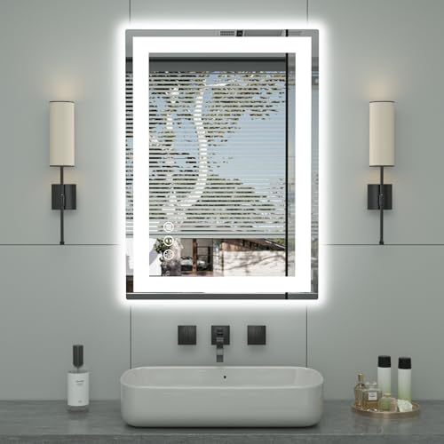20"x 28" LED Bathroom Mirror with Front and Backlight, Stepless Dimmable Bathroom Mirrors with Anti-Fog, Lighted Bathroom Vanity Mirror for Wall, Shatter-Proof Led Mirror for Bathroom | Front & Backlit, Memory Function, HD Tempered Glass Vanity Mirror, An