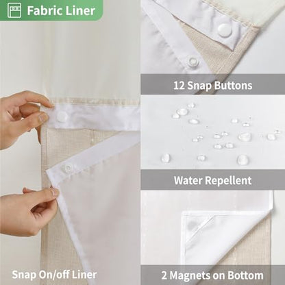 eachope Boho Farmhouse No Hook Shower Curtain Set with Snap-in Fabric Liner,Heavy-Duty Linen Textured Rustic Striped Design,Water-Repellent with Tassels and Sheer Window,Cream/Beige,71x74 | Linen Texture,230GSM Thick Fabric,Hotel Luxury Decor,Mesh Window,