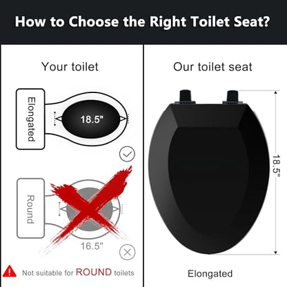 Angol Shiold Elongated Toilet Seat - Slow Close Hinges, Ergonomic Design with Grip-Tight Bumpers, Safe Easy-Clean PP Material (Black, 18.5" Elongated) - color: Black, size: Elongated 18.5‘’