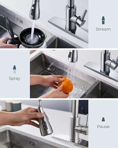 FORIOUS Kitchen Faucet with Soap Dispenser, Pull Down Sprayer, Chrome | High Arc Single Handle, Lead-Free Stainless Steel, 3 mode Sprayer, Classic Bar Sink Faucet for Outdoor Rv Laundry Camper - color: Chrome, style: Classic