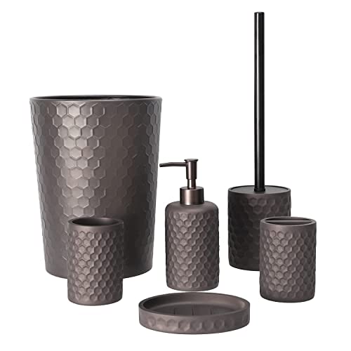 Bathroom Accessory Set - 6 pcs Bronze Bathroom Accessories Set with Trash Can, Toothbrush Holder, Toothbrush Cup, Soap Dispenser, Soap Dish, Toilet Brush with Holder - Accessoire Salle de Bain - color: Warm Gray
