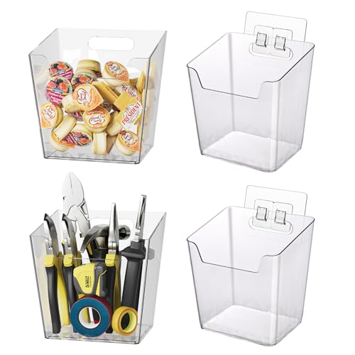 Clear Adhesive Wall Storage Bins, 4 Pack Cabinet Door Organizer Cups(Large) | Clear PET Hanging Wall Mount Pockets, Plastic Caddy for Shower Bathroom Makeup Office Craft Kitchen Sink RV Organization - size: Large