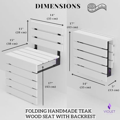 Folding Wall Mounted Teak Wood Shower Seat with Backrest, Water Resistant Foldable Bathroom Stool with Legs, Premium Materials Handmade Shoe Changing Bench, Space Saving and Super Safe Chair (White) - color: White
