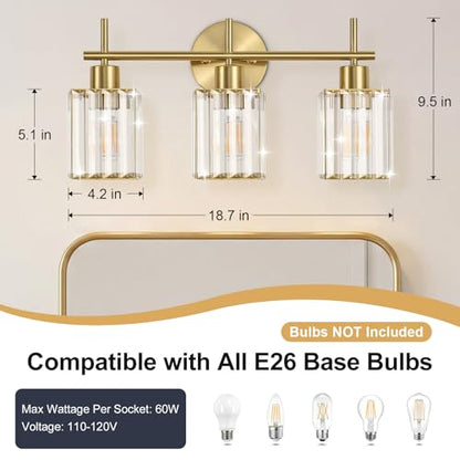 Brushed Gold Bathroom Light Fixtures, Square, 3-Light | Vanity Lights with Crystal Shades, Modern Bathroom Lighting Fixtures over Mirror (Bulbs Not Included, E26) - color: Brushed Gold (Square), size: 3-Light