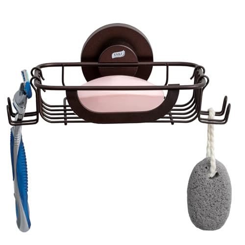 TAILI Soap Bar Holder Dish with Hooks, Shower Soap Tray Saver Suction Cup with Razor Holder for Wall, Rustproof Stainless Steel Bath Shampoo Caddy for Bathroom Accessories Organizer,Brown - color: Brown, size: 1 Tier