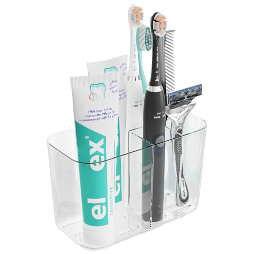Toothbrush Holder for Bathroom Countertop and Wall with Adhesive, 5 Slots Family Size Electric Tooth Brush and Paste Holder, Kids Tooth Rush Holders and Toothpaste Organizer (Clear) - color: Clear&5 Slot