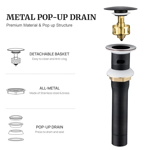 Pop up Sink Drain Stopper with Overflow Oil Rubbed Bronze for Bathroom Vessel Vanity Sink Art Basin，Big Cap Sink Drain with Overflow, Metal Pop-up Drain Strainer with Detachable Basket Stopper - color: Oil Rubbed Bronze, style: with overflow