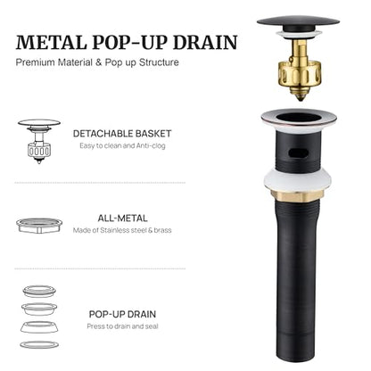 Pop up Sink Drain Stopper with Overflow Oil Rubbed Bronze for Bathroom Vessel Vanity Sink Art Basin，Big Cap Sink Drain with Overflow, Metal Pop-up Drain Strainer with Detachable Basket Stopper - color: Oil Rubbed Bronze, style: with overflow