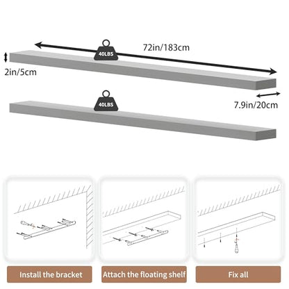 72 inch Long Floating Shelves for Wall,Solid Wood Long Shelves Set of 2,White Wooden Wall Mounted Shelf,Bookshelf Bathroom Shelves (White, 72 Inch) - color: White, size: 72 Inch set of 2
