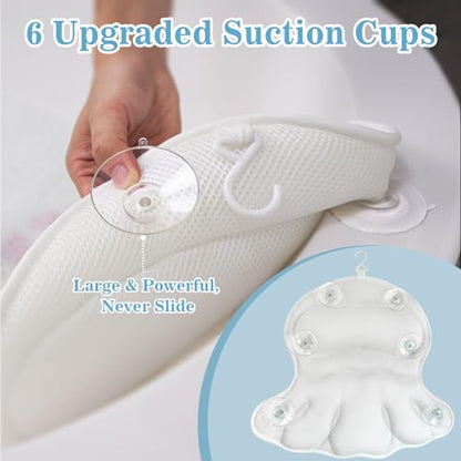 Bath Pillows for Tub - Soft, Relaxing Bathtub Accessory, Quick-Dry 4D Mesh | Head/Neck/Back Support, 6 Non-slip Suction Cups, Machine Washable, Wash Bag Included, Bath Essentials, Spa Gifts for Women