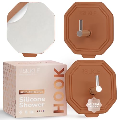 SILKLE Silicone Shower Hooks for Inside Shower, 2-Pack Adhesive Towel Hooks | Adhesive Shower Hooks, No Drill - Razor & Loofah Holders for Shower Wall, Heavy-Duty, Waterproof, Damage-Free - Brown - color: Brown