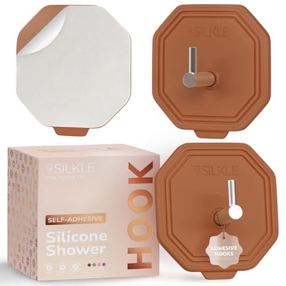 SILKLE Silicone Shower Hooks for Inside Shower, 2-Pack Adhesive Towel Hooks | Adhesive Shower Hooks, No Drill - Razor & Loofah Holders for Shower Wall, Heavy-Duty, Waterproof, Damage-Free - Brown - color: Brown