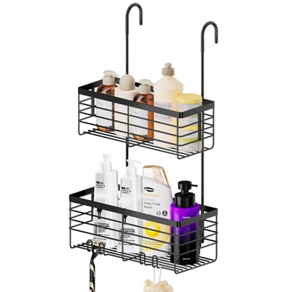 SHANSHUI Shower Hanging Caddy, Double Bathroom Showers Organizer Basket, Shampoo Bracket, Over Door Shower Rack with Hooks, 304 Stainless Steel Rustproof - size: 10.81"D x 4.7"W x 13.6"H