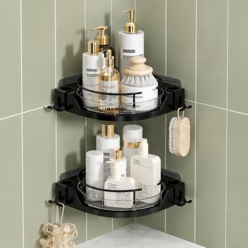 360° Rotating Corner Shower Caddy, 2-Tier Adhesive Shower Organizer Shelf with Removable Clear Trays, No-Drill Bathroom Storage Rack for Shampoo, Body Wash & Shower Essentials, Black - color: Black