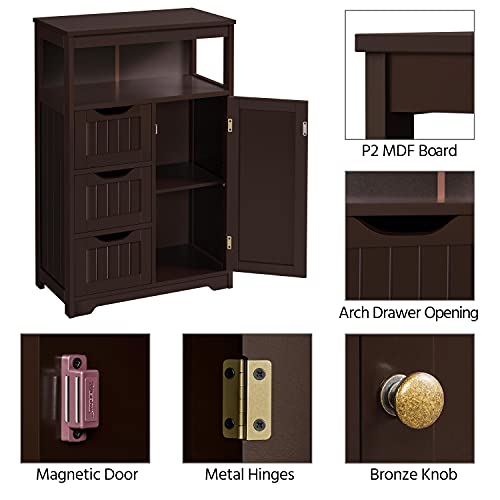 Topeakmart Freestanding Wood Bathroom Floor Cabinet, Espresso | Storage Cabinet with 3 Drawers and Cupboard, for Hallway, Entryway, Living Room, Accent Furniture - color: Espresso