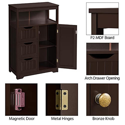 Topeakmart Freestanding Wood Bathroom Floor Cabinet, Espresso | Storage Cabinet with 3 Drawers and Cupboard, for Hallway, Entryway, Living Room, Accent Furniture - color: Espresso