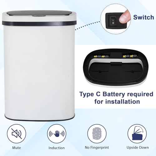Kitchen Trash Can 13 Gallon Touchless Trash Bin White Garbage Can with Lid | Automatic Motion Sensor Bathroom Trash Can,50 Liter Waterproof Garbage Bin Wastebasket for Toilet,Office,Caravans,Bedroom - color: White