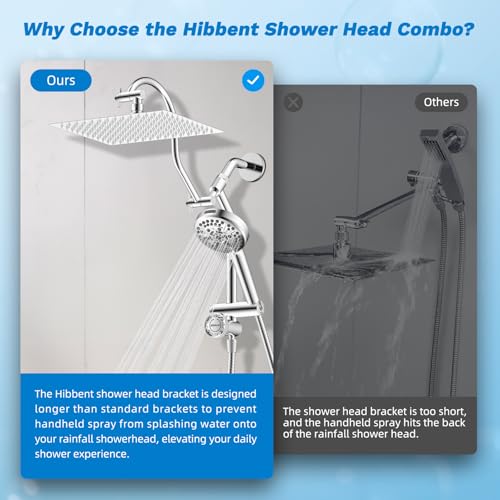 Hibbent High Pressue All Metal 12" Rainfall Shower Head, Handheld 10-Spray | cUPC Certified Chrome Dual Showerhead Combo, 4-way Diverter with Pause Mode, Brass Extension Arm, 71'' Shower Hose & Holder - color: Chrome, style: Square 12"